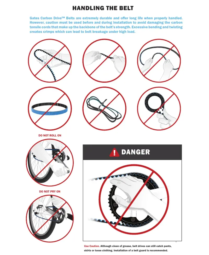 Gates illustration of prohibited belt handling, including kinking, twisting, tying and rolling or prying the belt onto a sprocket.