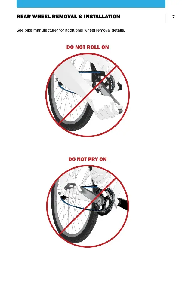 Gates illustration warning against rolling a belt onto the sprocket by turning the crank or prying it on with a tool.