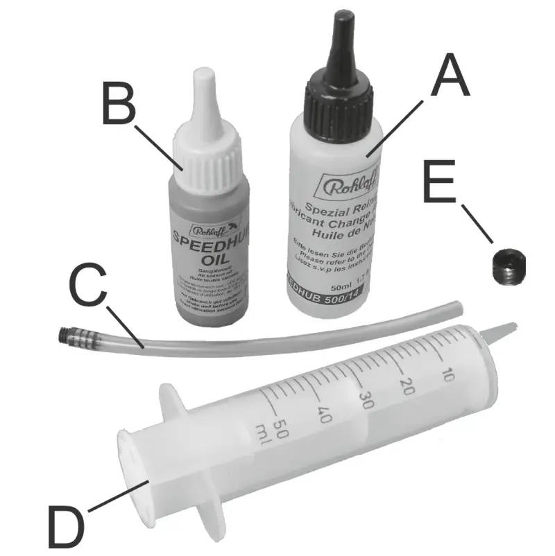 Rohloff oil change kit 8410 with flushing oil, SPEEDHUB OIL, filling hose, syringe and drain screw.