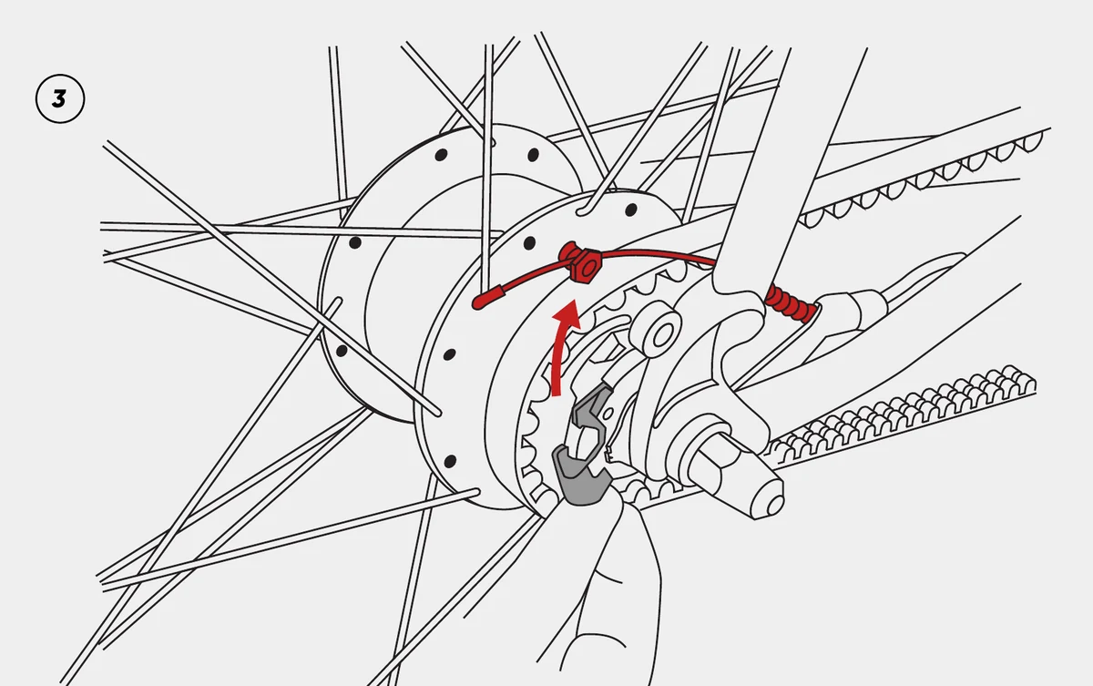Unhooking the Shimano Alfine cable fixing bolt from the cassette joint.