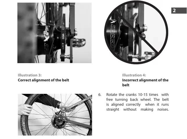 Photos from the Gates manual for Rohloff hubs: a belt running correctly in line on the rear sprocket, a belt running against the flange, and the tracking check by turning the cranks.