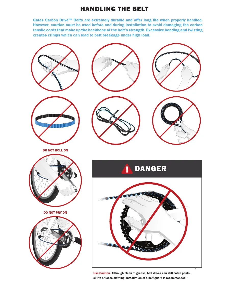 Gates illustration of prohibited belt handling: kinking, twisting, back-bending, turning inside out, zip-tying, tight coiling, rolling it on and prying it on, plus a warning that the drive can catch loose clothing.