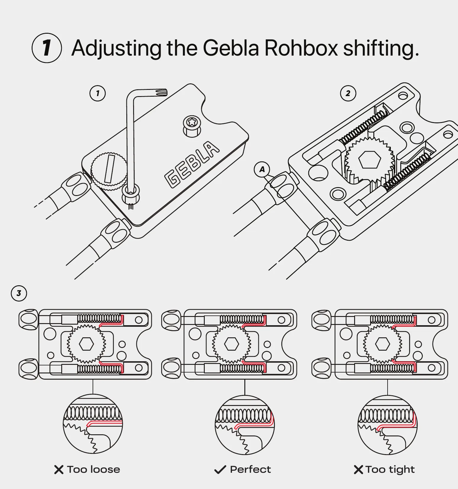 Gebla Rohbox cover removal and cable tension adjustment positions.
