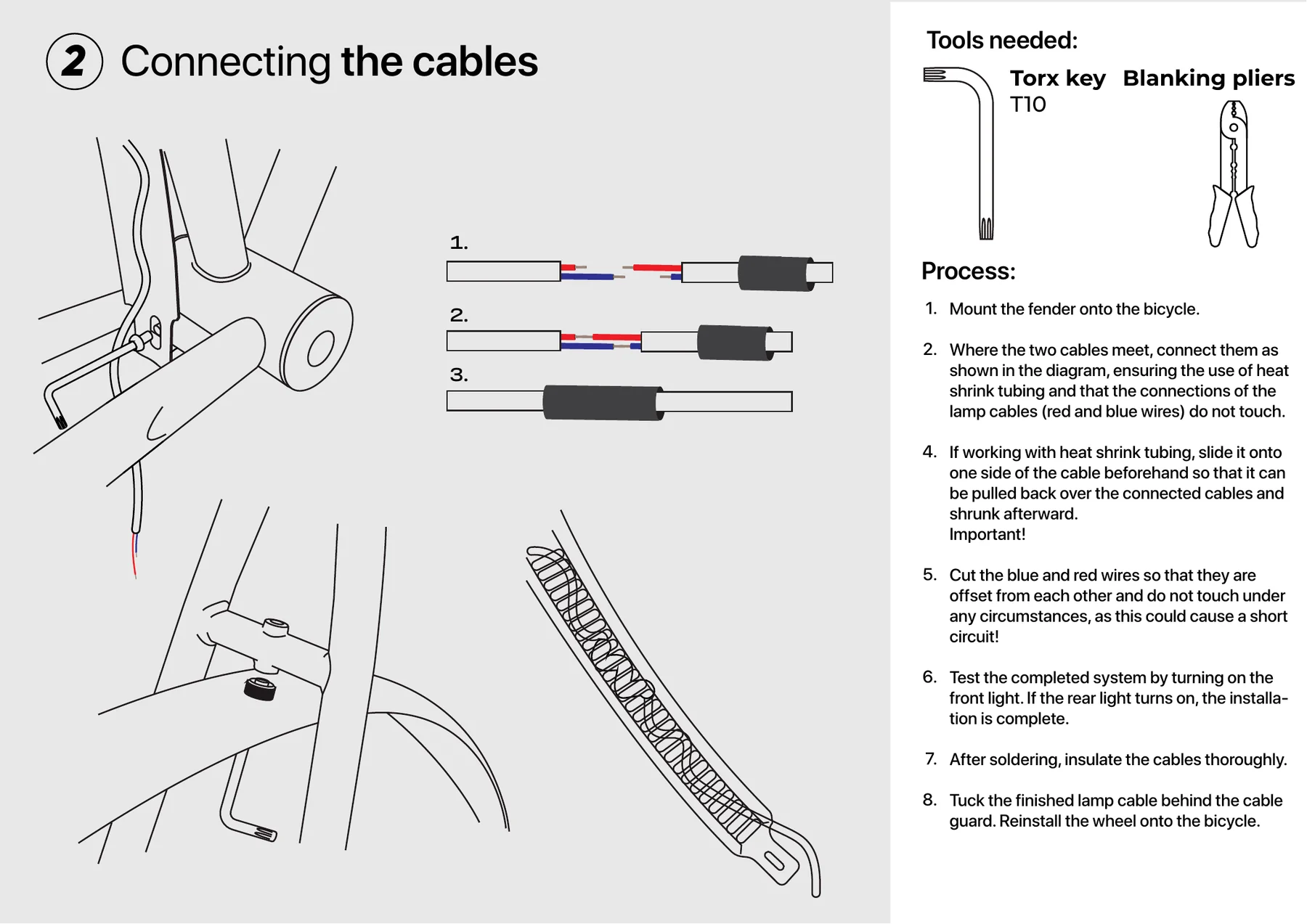 Manual illustration showing how to connect the rear light cables with offset red and blue wire connections and heat-shrink tubing.
