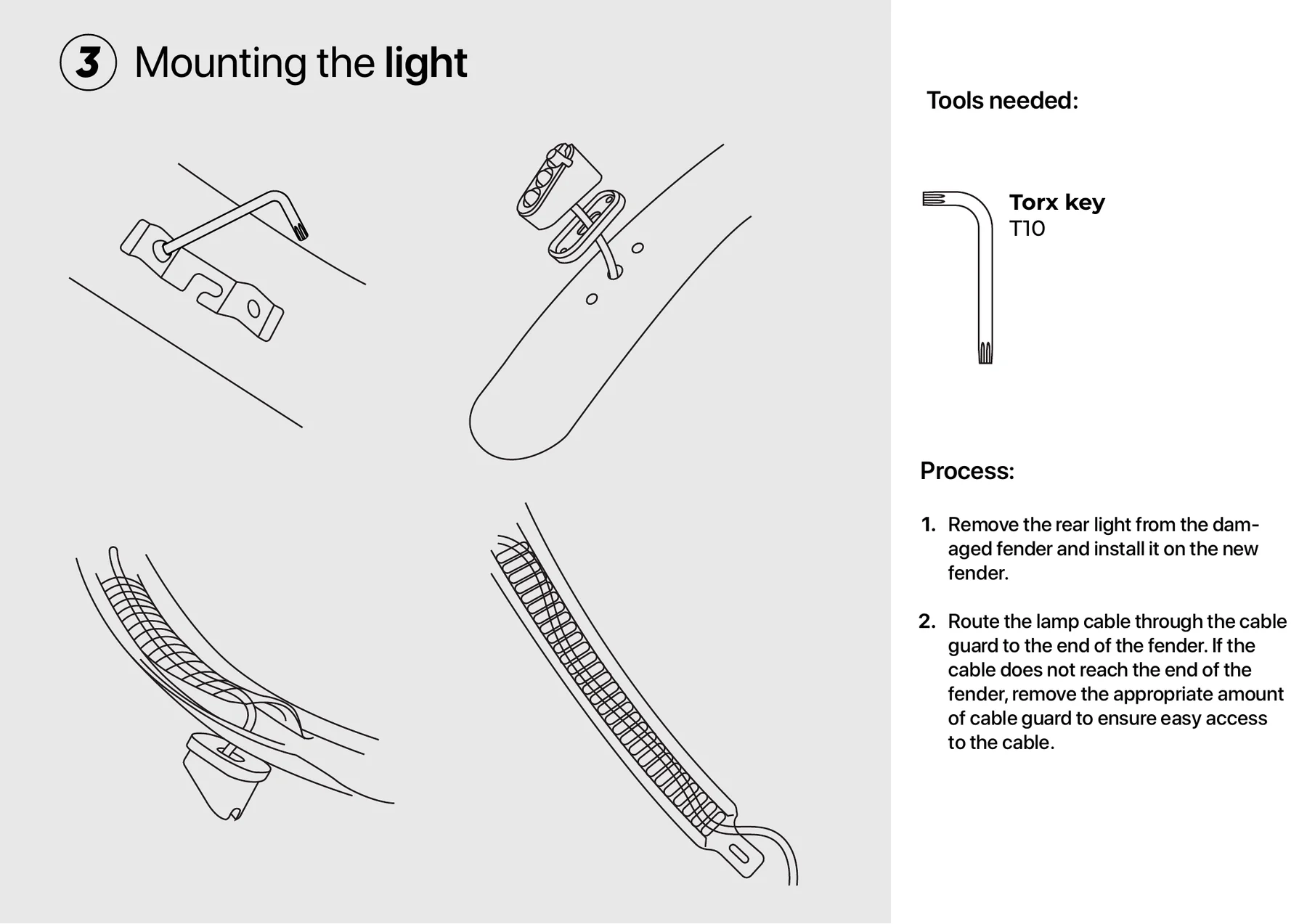 Manual illustration showing how to remove the rear light from the damaged mudguard, install it on the new mudguard, and route the cable through the cable guard.