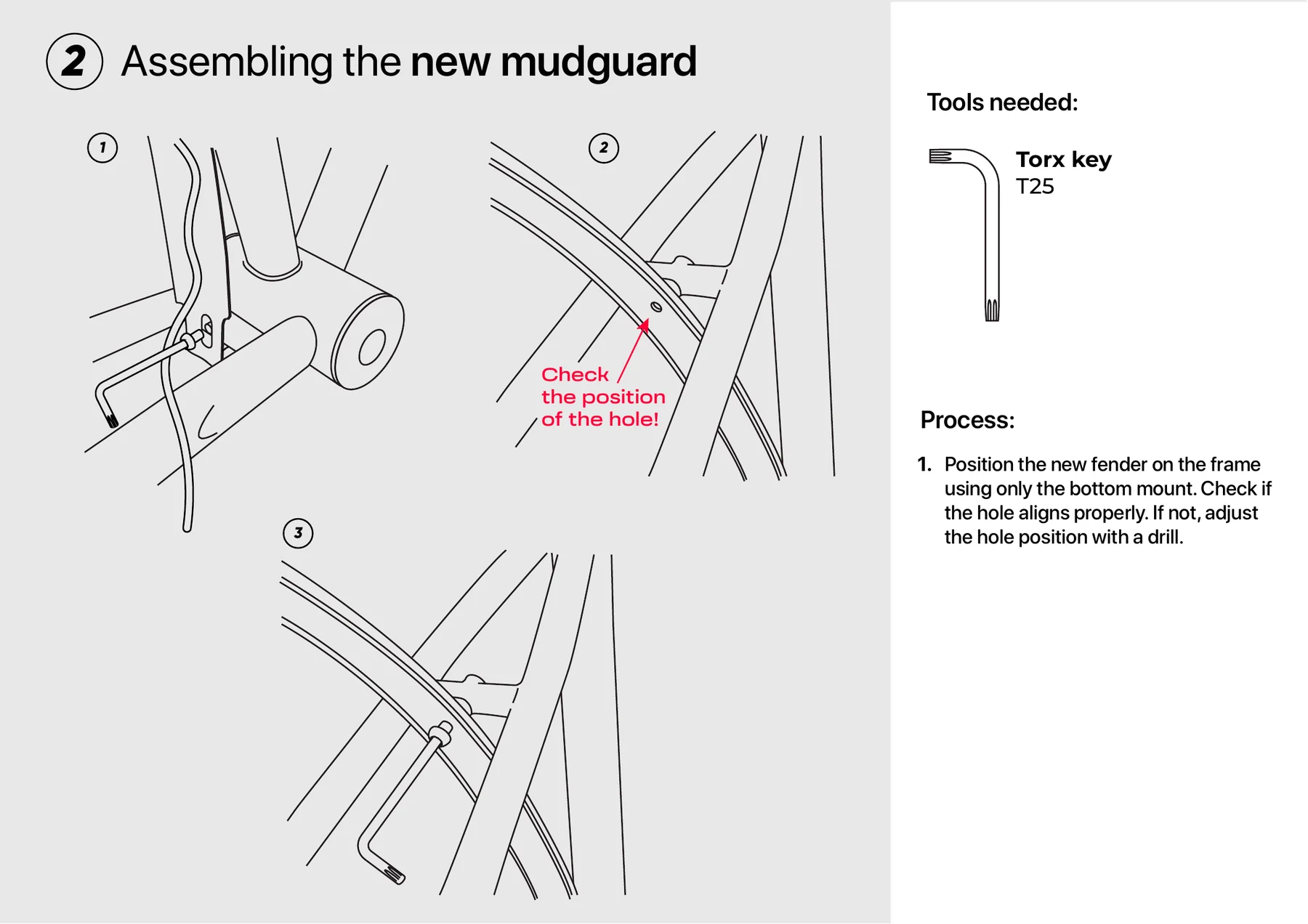 Manual illustration showing how to position the new rear mudguard and check the mounting hole alignment.