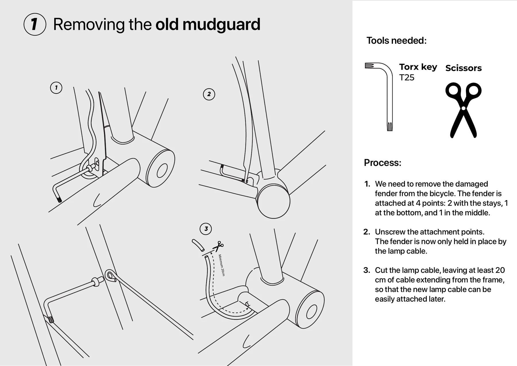 Manual illustration showing how to remove the old rear mudguard from the bike.
