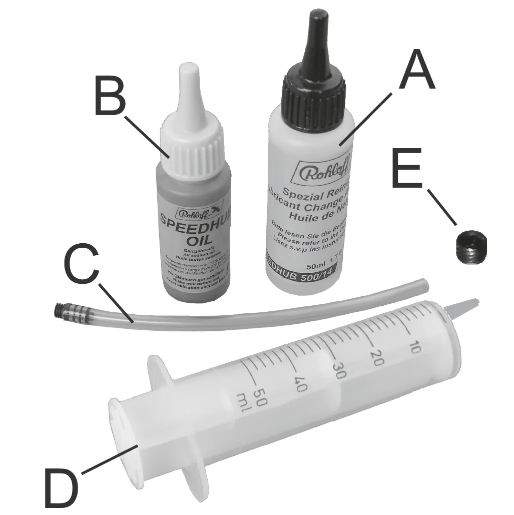 Rohloff oil change kit 8410 with flushing oil, SPEEDHUB OIL, filling hose, syringe and drain screw.