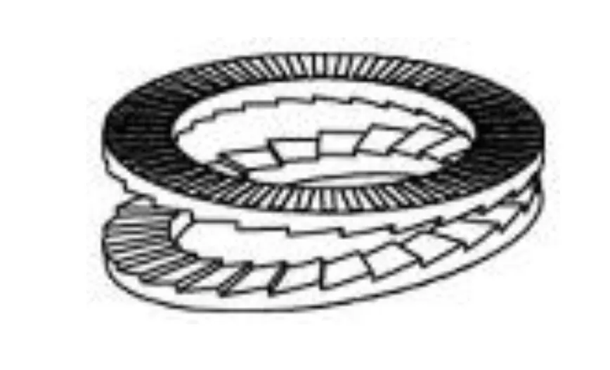 A pair of Nord-Lock washers aligned with their sawtooth faces pointing inwards.