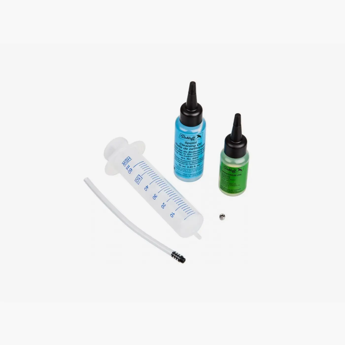 Rohloff oil change kit 8410 with flushing oil, SPEEDHUB OIL, filling hose, syringe and a new oil drain screw.